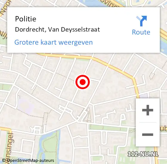 Locatie op kaart van de 112 melding: Politie Dordrecht, Van Deysselstraat op 3 augustus 2022 12:52