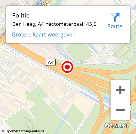Locatie op kaart van de 112 melding: Politie Den Haag, A4 hectometerpaal: 45,6 op 3 augustus 2022 12:57