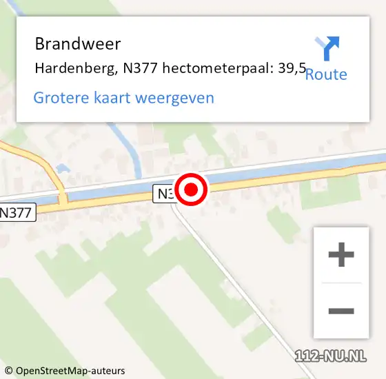 Locatie op kaart van de 112 melding: Brandweer Hardenberg, N377 hectometerpaal: 39,5 op 3 augustus 2022 12:57