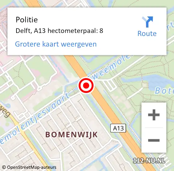 Locatie op kaart van de 112 melding: Politie Delft, A13 hectometerpaal: 8 op 3 augustus 2022 13:44