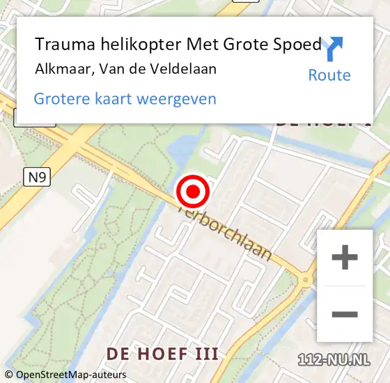 Locatie op kaart van de 112 melding: Trauma helikopter Met Grote Spoed Naar Alkmaar, Van de Veldelaan op 3 augustus 2022 15:04