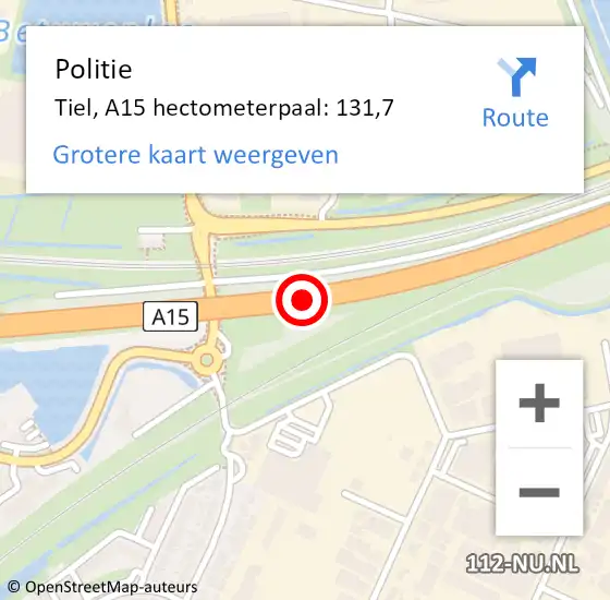 Locatie op kaart van de 112 melding: Politie Tiel, A15 hectometerpaal: 131,7 op 3 augustus 2022 15:14