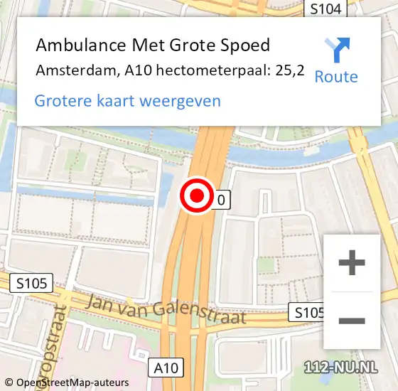 Locatie op kaart van de 112 melding: Ambulance Met Grote Spoed Naar Amsterdam, A10 hectometerpaal: 25,2 op 3 augustus 2022 15:23