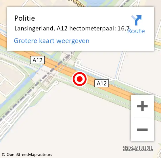 Locatie op kaart van de 112 melding: Politie Lansingerland, A12 hectometerpaal: 16,7 op 3 augustus 2022 15:39