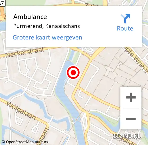 Locatie op kaart van de 112 melding: Ambulance Purmerend, Kanaalschans op 3 augustus 2022 16:15