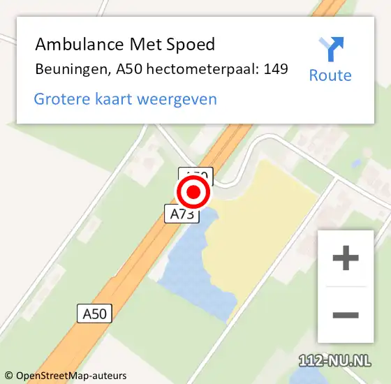 Locatie op kaart van de 112 melding: Ambulance Met Spoed Naar Beuningen, A50 hectometerpaal: 149 op 3 augustus 2022 16:37