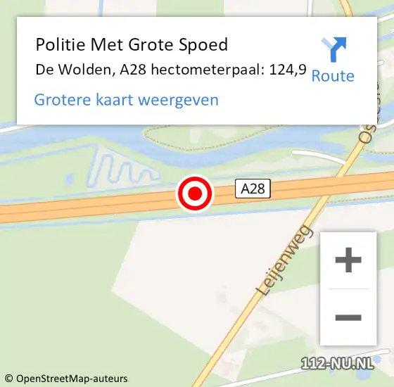 Locatie op kaart van de 112 melding: Politie Met Grote Spoed Naar De Wolden, A28 hectometerpaal: 124,9 op 3 augustus 2022 17:05