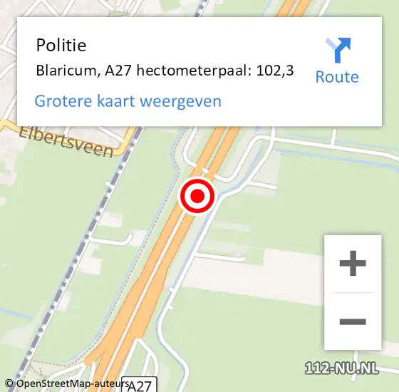 Locatie op kaart van de 112 melding: Politie Blaricum, A27 hectometerpaal: 102,3 op 3 augustus 2022 17:58