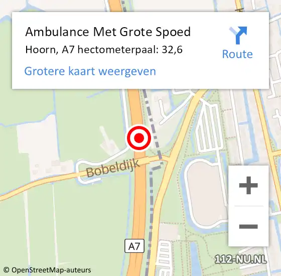 Locatie op kaart van de 112 melding: Ambulance Met Grote Spoed Naar Hoorn, A7 hectometerpaal: 32,6 op 3 augustus 2022 19:22