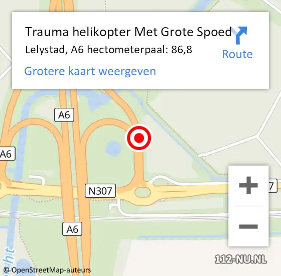 Locatie op kaart van de 112 melding: Trauma helikopter Met Grote Spoed Naar Lelystad, A6 hectometerpaal: 86,8 op 3 augustus 2022 19:50