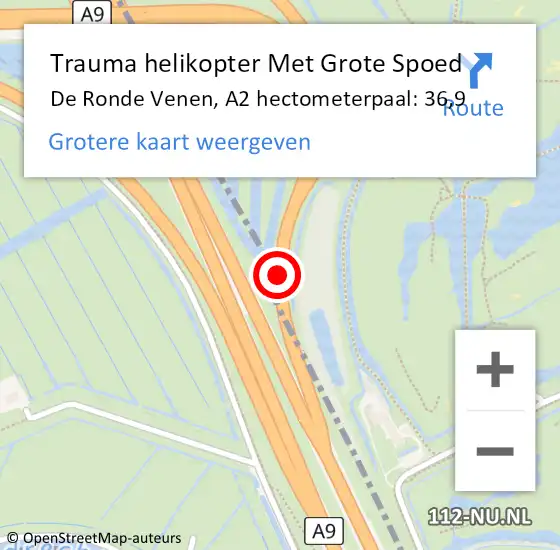 Locatie op kaart van de 112 melding: Trauma helikopter Met Grote Spoed Naar De Ronde Venen, A2 hectometerpaal: 36,9 op 3 augustus 2022 20:32