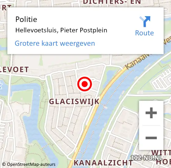 Locatie op kaart van de 112 melding: Politie Hellevoetsluis, Pieter Postplein op 3 augustus 2022 21:09