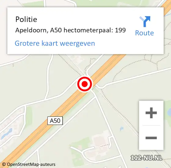 Locatie op kaart van de 112 melding: Politie Apeldoorn, A50 hectometerpaal: 199 op 3 augustus 2022 23:20