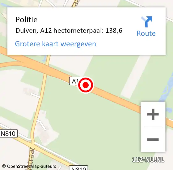 Locatie op kaart van de 112 melding: Politie Duiven, A12 hectometerpaal: 138,6 op 4 augustus 2022 08:32