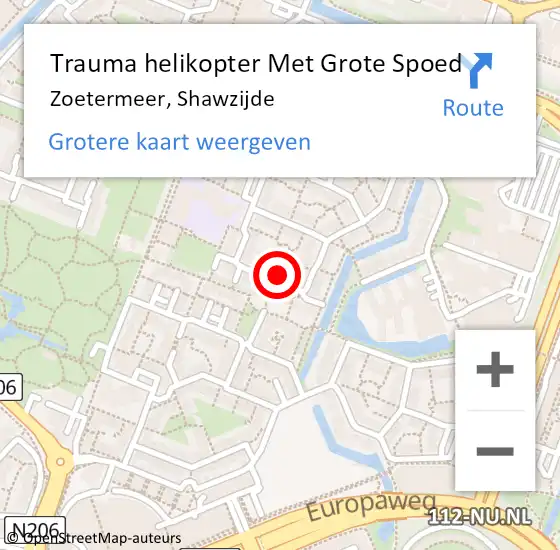 Locatie op kaart van de 112 melding: Trauma helikopter Met Grote Spoed Naar Zoetermeer, Shawzijde op 4 augustus 2022 09:14