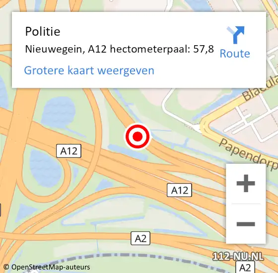 Locatie op kaart van de 112 melding: Politie Nieuwegein, A12 hectometerpaal: 57,8 op 4 augustus 2022 09:16