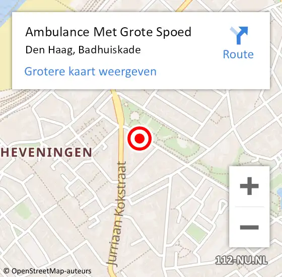 Locatie op kaart van de 112 melding: Ambulance Met Grote Spoed Naar Den Haag, Badhuiskade op 4 augustus 2022 10:13