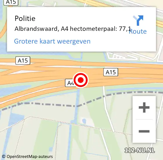 Locatie op kaart van de 112 melding: Politie Albrandswaard, A4 hectometerpaal: 77,1 op 4 augustus 2022 13:38