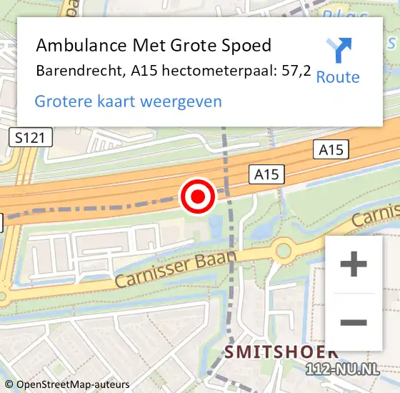 Locatie op kaart van de 112 melding: Ambulance Met Grote Spoed Naar Barendrecht, A15 hectometerpaal: 57,2 op 4 augustus 2022 14:28