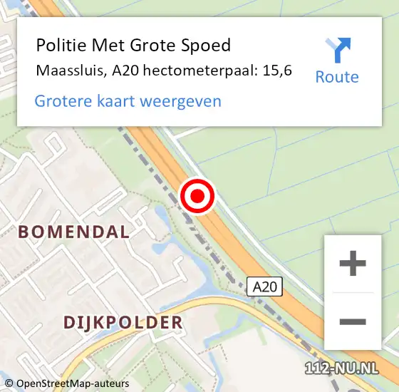 Locatie op kaart van de 112 melding: Politie Met Grote Spoed Naar Maassluis, A20 hectometerpaal: 15,6 op 4 augustus 2022 14:45
