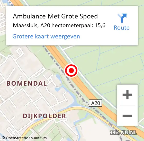 Locatie op kaart van de 112 melding: Ambulance Met Grote Spoed Naar Maassluis, A20 hectometerpaal: 15,6 op 4 augustus 2022 14:47