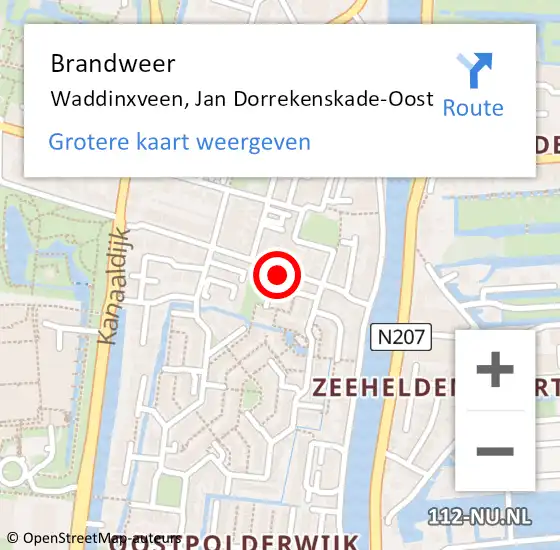 Locatie op kaart van de 112 melding: Brandweer Waddinxveen, Jan Dorrekenskade-Oost op 4 augustus 2022 15:39