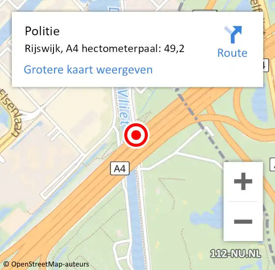 Locatie op kaart van de 112 melding: Politie Den Haag, A4 hectometerpaal: 49,2 op 4 augustus 2022 16:11