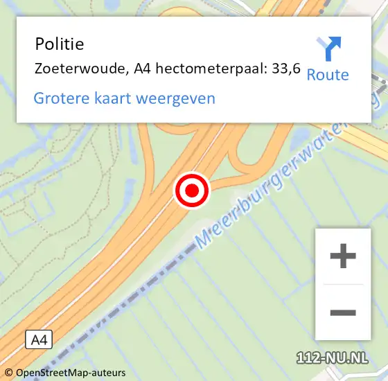 Locatie op kaart van de 112 melding: Politie Zoeterwoude, A4 hectometerpaal: 33,6 op 4 augustus 2022 16:17