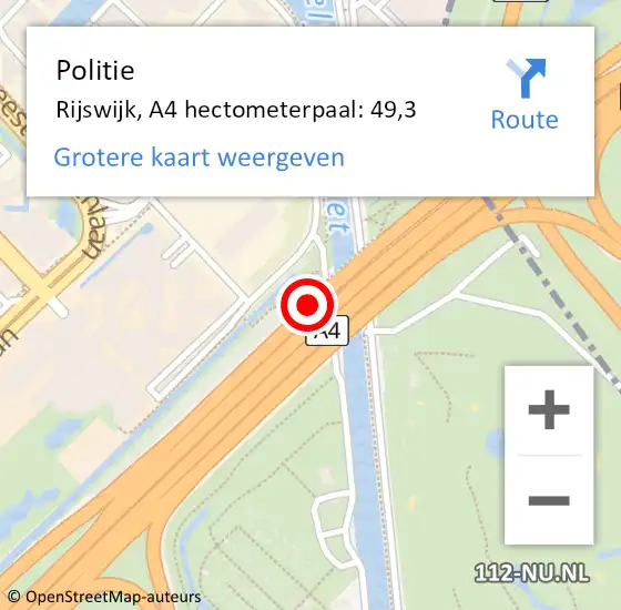 Locatie op kaart van de 112 melding: Politie Den Haag, A4 hectometerpaal: 49,3 op 4 augustus 2022 16:21