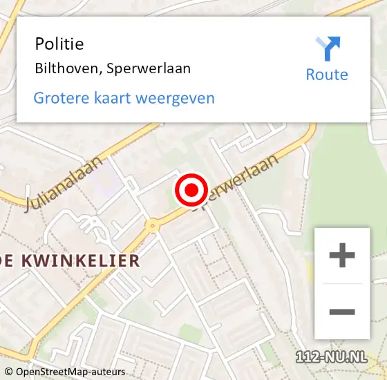 Locatie op kaart van de 112 melding: Politie Bilthoven, Sperwerlaan op 4 augustus 2022 16:51