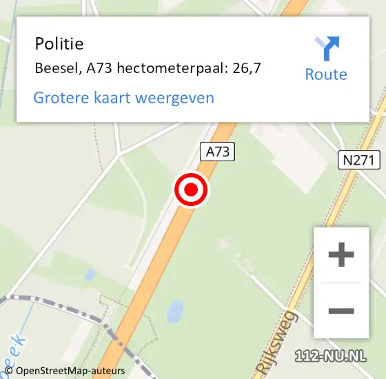 Locatie op kaart van de 112 melding: Politie Beesel, A73 hectometerpaal: 26,7 op 4 augustus 2022 17:06