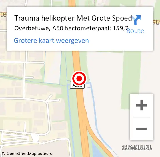 Locatie op kaart van de 112 melding: Trauma helikopter Met Grote Spoed Naar Overbetuwe, A50 hectometerpaal: 159,7 op 4 augustus 2022 20:07