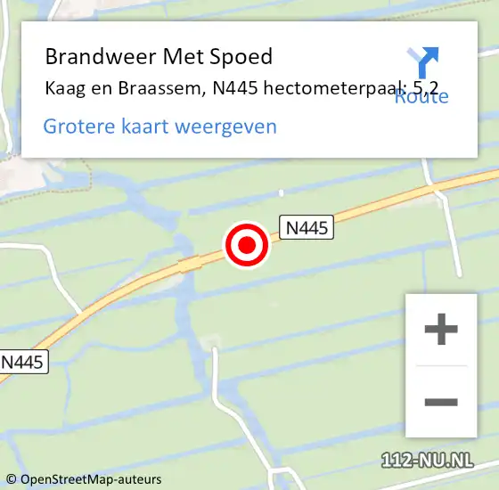 Locatie op kaart van de 112 melding: Brandweer Met Spoed Naar Kaag en Braassem, N445 hectometerpaal: 5,2 op 4 augustus 2022 20:19