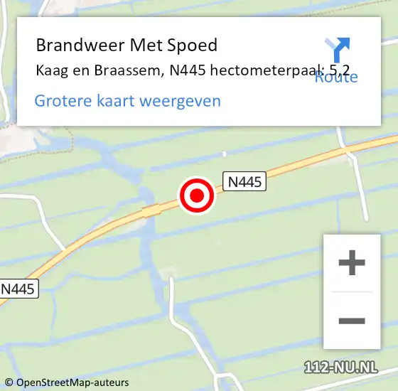 Locatie op kaart van de 112 melding: Brandweer Met Spoed Naar Kaag en Braassem, N445 hectometerpaal: 5,2 op 4 augustus 2022 20:21