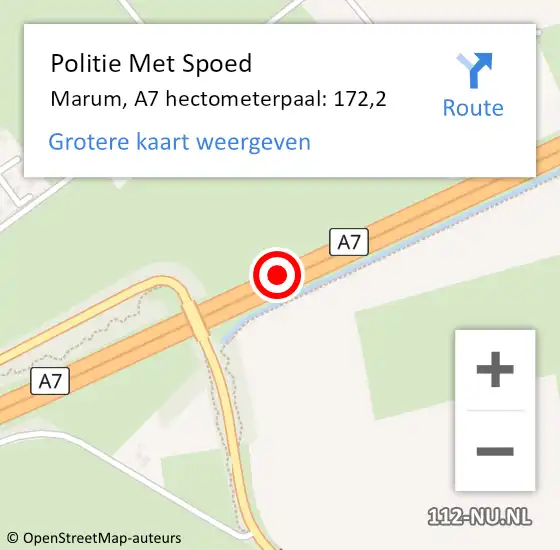 Locatie op kaart van de 112 melding: Politie Met Spoed Naar Marum, A7 hectometerpaal: 172,2 op 4 augustus 2022 20:34