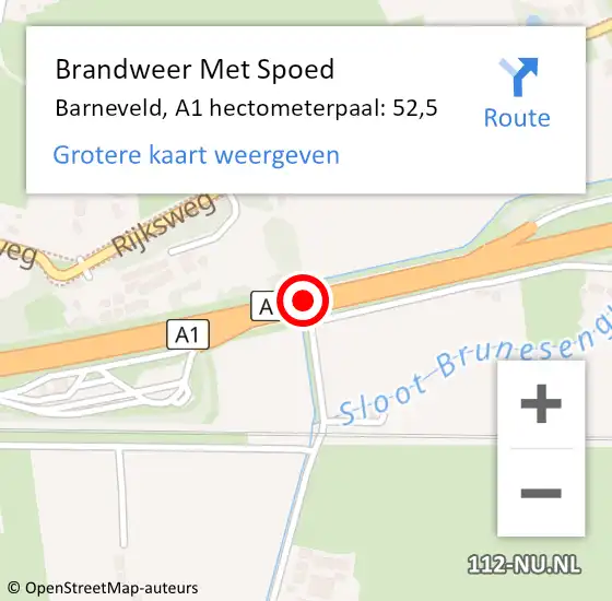 Locatie op kaart van de 112 melding: Brandweer Met Spoed Naar Barneveld, A1 hectometerpaal: 52,5 op 4 augustus 2022 21:09