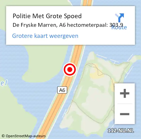 Locatie op kaart van de 112 melding: Politie Met Grote Spoed Naar De Fryske Marren, A6 hectometerpaal: 303,9 op 4 augustus 2022 22:08