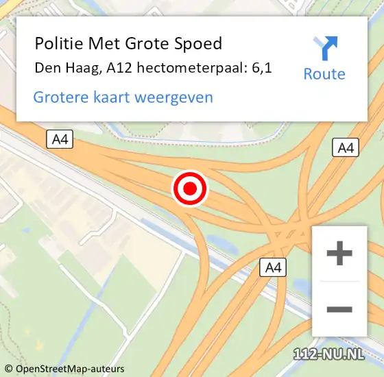 Locatie op kaart van de 112 melding: Politie Met Grote Spoed Naar Den Haag, A12 hectometerpaal: 6,1 op 4 augustus 2022 23:31