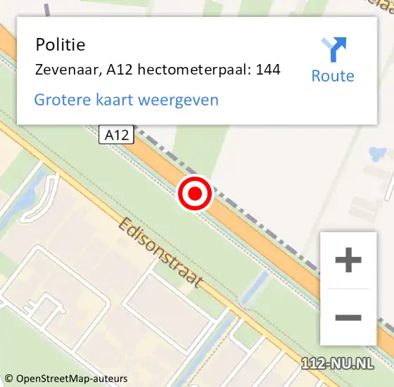 Locatie op kaart van de 112 melding: Politie Zevenaar, A12 hectometerpaal: 144 op 5 augustus 2022 04:44