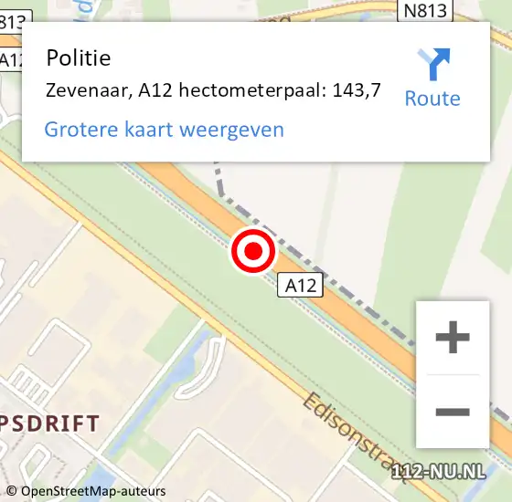 Locatie op kaart van de 112 melding: Politie Zevenaar, A12 hectometerpaal: 143,7 op 5 augustus 2022 04:44