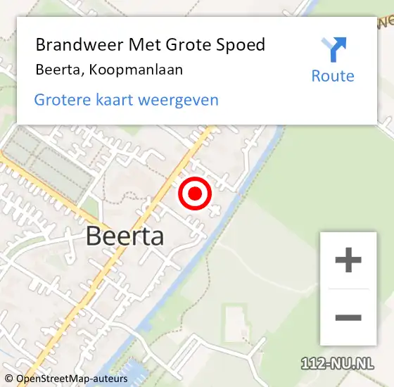 Locatie op kaart van de 112 melding: Brandweer Met Grote Spoed Naar Beerta, Koopmanlaan op 5 augustus 2022 05:20