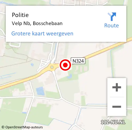 Locatie op kaart van de 112 melding: Politie Land van Cuijk, N324 hectometerpaal: 13,9 op 5 augustus 2022 08:26
