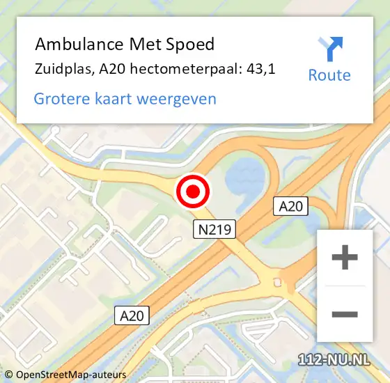 Locatie op kaart van de 112 melding: Ambulance Met Spoed Naar Zuidplas, A20 hectometerpaal: 43,1 op 5 augustus 2022 08:53