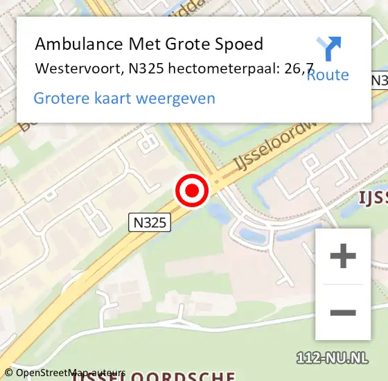 Locatie op kaart van de 112 melding: Ambulance Met Grote Spoed Naar Westervoort, N325 hectometerpaal: 26,7 op 5 augustus 2022 09:43