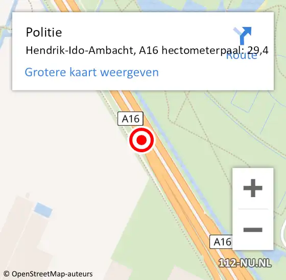 Locatie op kaart van de 112 melding: Politie Ridderkerk, A16 hectometerpaal: 29,4 op 5 augustus 2022 10:51