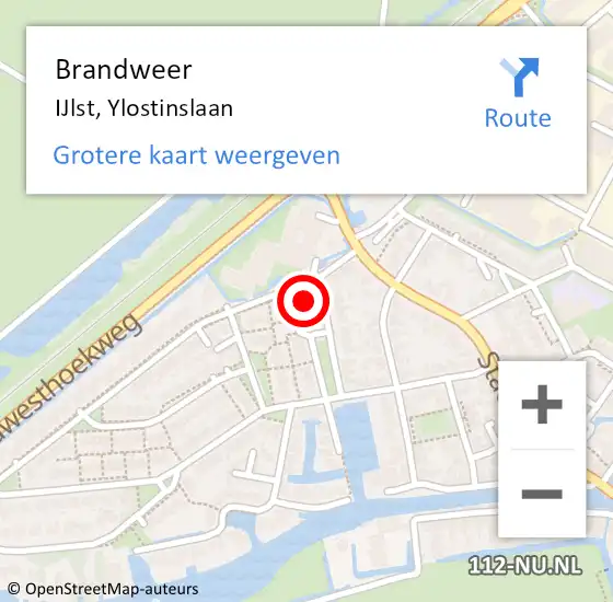 Locatie op kaart van de 112 melding: Brandweer IJlst, Ylostinslaan op 5 augustus 2022 12:12