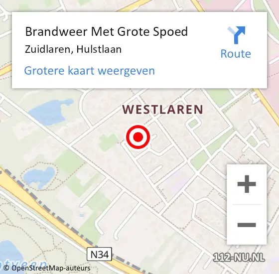 Locatie op kaart van de 112 melding: Brandweer Met Grote Spoed Naar Zuidlaren, Hulstlaan op 5 augustus 2022 14:35