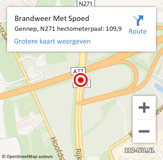 Locatie op kaart van de 112 melding: Brandweer Met Spoed Naar Gennep, N271 hectometerpaal: 109,9 op 5 augustus 2022 15:55