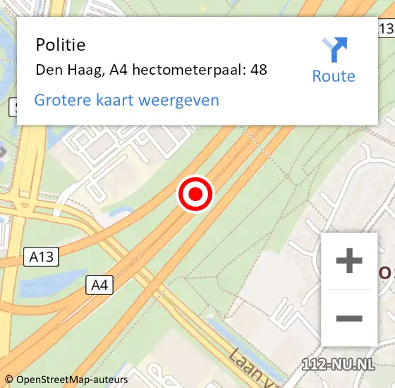 Locatie op kaart van de 112 melding: Politie Den Haag, A4 hectometerpaal: 48 op 5 augustus 2022 17:20
