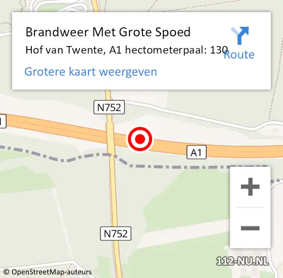 Locatie op kaart van de 112 melding: Brandweer Met Grote Spoed Naar Hof van Twente, A1 hectometerpaal: 130 op 5 augustus 2022 19:59